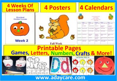 October Preschool Curriculum Package Includes 4 weeks of lesson plans, 4 posters, 4 calendars and printable pages.