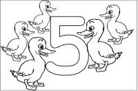 Five Baby Ducks & Number Five - Coloring Page